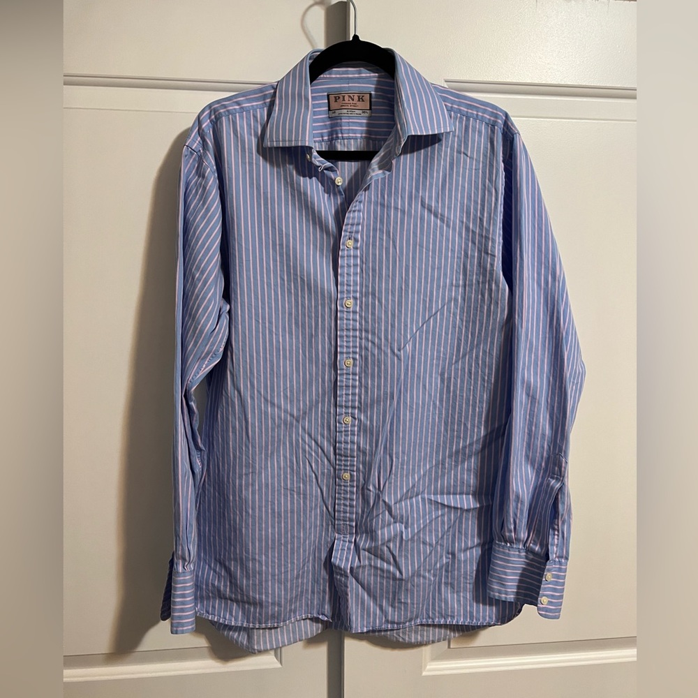 Thomas Pink Jermyn Street Mens 16 36.5 Blue Pink Striped Cotton Dress Shirt